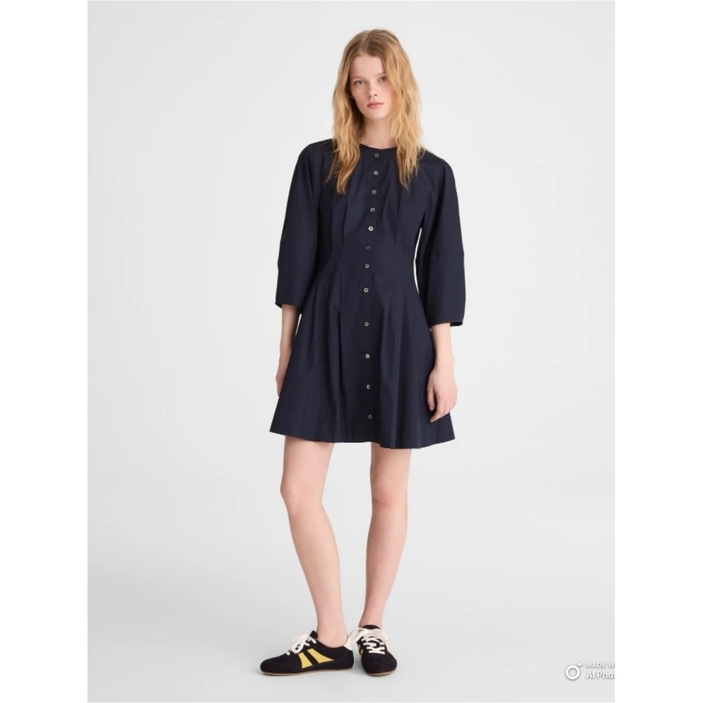 Madewell Navy Blue Sculptural Sleeve Pleated Mini Dress Size 4 NWT Cotton Casual